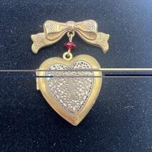 Vintage Gold Tone Heart Locket Brooch with Bow Red Crystal Accent